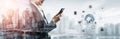 Business Professional Using Smartphone in Urban Setting with Digital Interface Symbols Representing Communication and Royalty Free Stock Photo