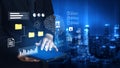 Business professional using tablet with AI graphics and data analytics in modern office overlooking city skyline at Royalty Free Stock Photo