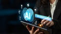 Business Professional Using Tablet and Digital Interface with AI Software Icons and Features in Modern Office Royalty Free Stock Photo