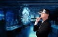 Business professional using virtual reality headset to explore cloud computing architecture and online server management Royalty Free Stock Photo