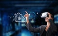 Business Professional Using Virtual Reality Technology for Cloud Computing Solutions and Online Storage Services in a Royalty Free Stock Photo