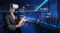 Business professional using virtual reality technology for data analytics and marketing strategy with digital graphs and Royalty Free Stock Photo