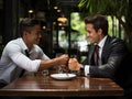 Business professionals arm wrestle during breaktime