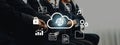 Business professionals engaging in a conference with cloud computing graphic overlay, representing data management and Royalty Free Stock Photo