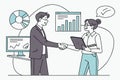 Business professionals engaging in a handshake while discussing analysis results in a modern office environment with charts and Royalty Free Stock Photo