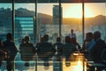 Business professionals gathered in a high-rise conference room against a cityscape skyline at sunset