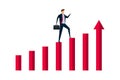 business profit growth, confidence smart businessman jumping on moving up bar graph with rising up arrow as ladder of success