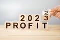 Business profit plan concept in 2023 . profit and financial plan. Hand flip wooden cubes 2022 to 2023 with text profit. copy space