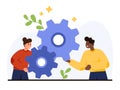 Business project development, optimization, tiny people holding gears to optimize system