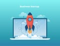 Business project startup, financial planning, idea, strategy, management, realization, success. Rocket launch from laptop screen. Royalty Free Stock Photo