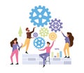 Business project. Teamwork, partnership. People collect gears. Men women working together, workflow vector concept