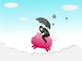 Business protection during the coronavirus outbreak. Piggy bank pictures A pig with a business man riding and having an umbrella