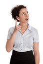 Business question - woman looking up shaking her finger isolated Royalty Free Stock Photo