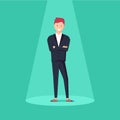 Business recruitment or hiring vector concept. Looking for talent. Businessman standing in spotlight or searchlight Royalty Free Stock Photo