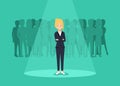 Business recruitment or hiring vector concept. Looking for talent. Businesswoman standing in spotlight or searchligh Royalty Free Stock Photo