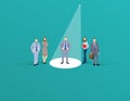 Business recruitment or hiring vector concept. Looking for talent. Business man standing in spotlight or searchlight looking for n Royalty Free Stock Photo