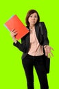 Business red hair woman or student in stress thinking worried while carrying a portfolio in green croma key Royalty Free Stock Photo