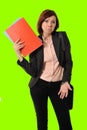 Business red hair woman or student in stress thinking worried while carrying a portfolio in green croma key Royalty Free Stock Photo