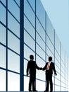 Business relationship handshake building window