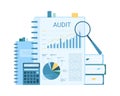 Business report analysis and audit, many paper documents in folders, chart information
