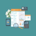 Business report, document with charts, graphs on a paper. Accounting analysis research. Calculator, money, magnifier. Royalty Free Stock Photo