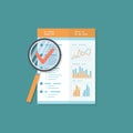 Business report, document with magnifying glass. Audit result. icon. Charts graphs on a paper. Royalty Free Stock Photo