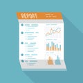 Business report, office folded paper document. Isolated icon with long shadow. Charts graphs on a paper.