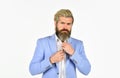 Business reputation. Formal style. Handsome businessman. Serious bearded man. Law office. Businessman formal suit
