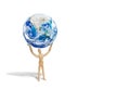 Wooden figure mannequin carrying planet earth globe over head. Royalty Free Stock Photo