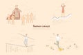 Business responsibility metaphor, businessman convincing investors, tightrope dancer balancing, generating ideas banner