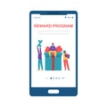 Business reward program banner on mobile phone app. Bearded man sit on the gift box, black woman hold her prize. Vector. Royalty Free Stock Photo