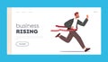 Business Rising Landing Page Template. Cheerful Business Man in Suit Cross Finish Line of Racing Track. Career Success