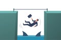 Business risk concept. A businessman will fall into the abyss with sharks