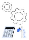 Business risk management concept with gears, calculator, and man assessing risk with blocks Royalty Free Stock Photo
