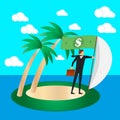 Business risk and survival concept. Businessman on a tropical island fly a sail and a dollar flag. Vector illustration.