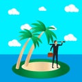 Business risk and survival concept. A businessman on a tropical island looks through a spyglass. Vector illustration.