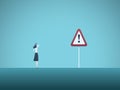 Business risk vector concept. Businesswoman and warning sign. Symbol of danger, failure, bankruptcy, recession and