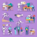 Business robots in office, futuristic computer technology, vector illustration set. Robots intelligence in business.