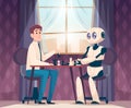 Business robots. People and androids connection exact vector conceptual cartoon background play chess