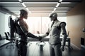 Business robots shaking hands in modern office. Created with Generative AI technology