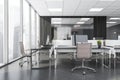 Business room interior with office furniture and private manager room, city view