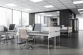 Business room interior with office furniture and private manager room, city view Royalty Free Stock Photo