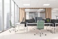 Business room interior with office furniture and private manager room, city view