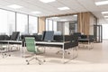 Business room interior with office furniture and private manager room, city view