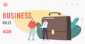 Business Rules, Compliance, Ethics Landing Page Template. Tiny Businessmen Characters Shaking Hands at Huge Briefcase