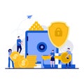 Business and safe investment concept with tiny character. People protecting or securing their savings flat vector illustration. Royalty Free Stock Photo