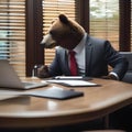 A business-savvy bear in a suit, leading a corporate meeting with confidence1