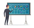 Business schedule board. Businessman standing near checklist and planning teams work plans calendar management vector Royalty Free Stock Photo