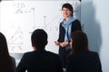 2016.01.17 Business school training in the Samara State University. Portrait of happy teacher standing in classroom