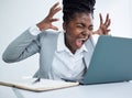 Business, screaming and black woman with a laptop, stress and angry with burnout, glitch and error. Female person